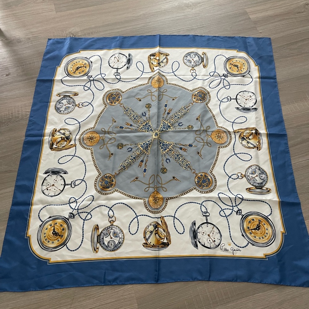Vintage Rolex Geneva Silk Scarf 100% Silk Blue White EUC Signed 35” by 35”